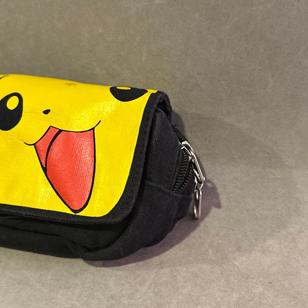 Pokemon Pikachu KA-CHU Canvas Pouch Two Zipper Compartment Case Black Yellow - Picture 3 of 9